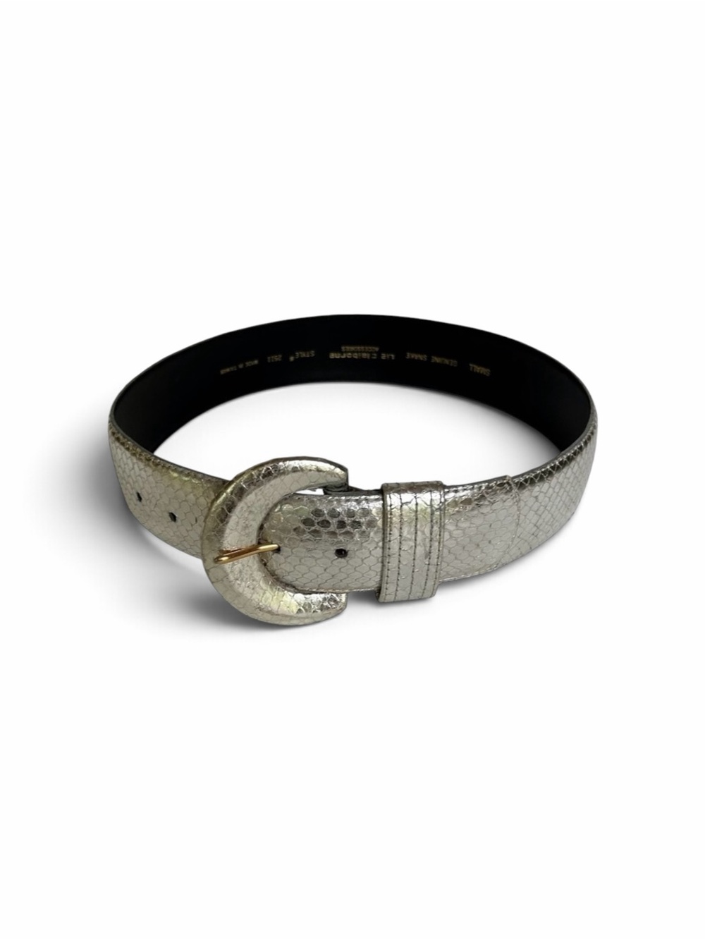 Vintage Liz Claiborne Silver Metallic Belt Small 31” Snake Crescent Buckle Y2K